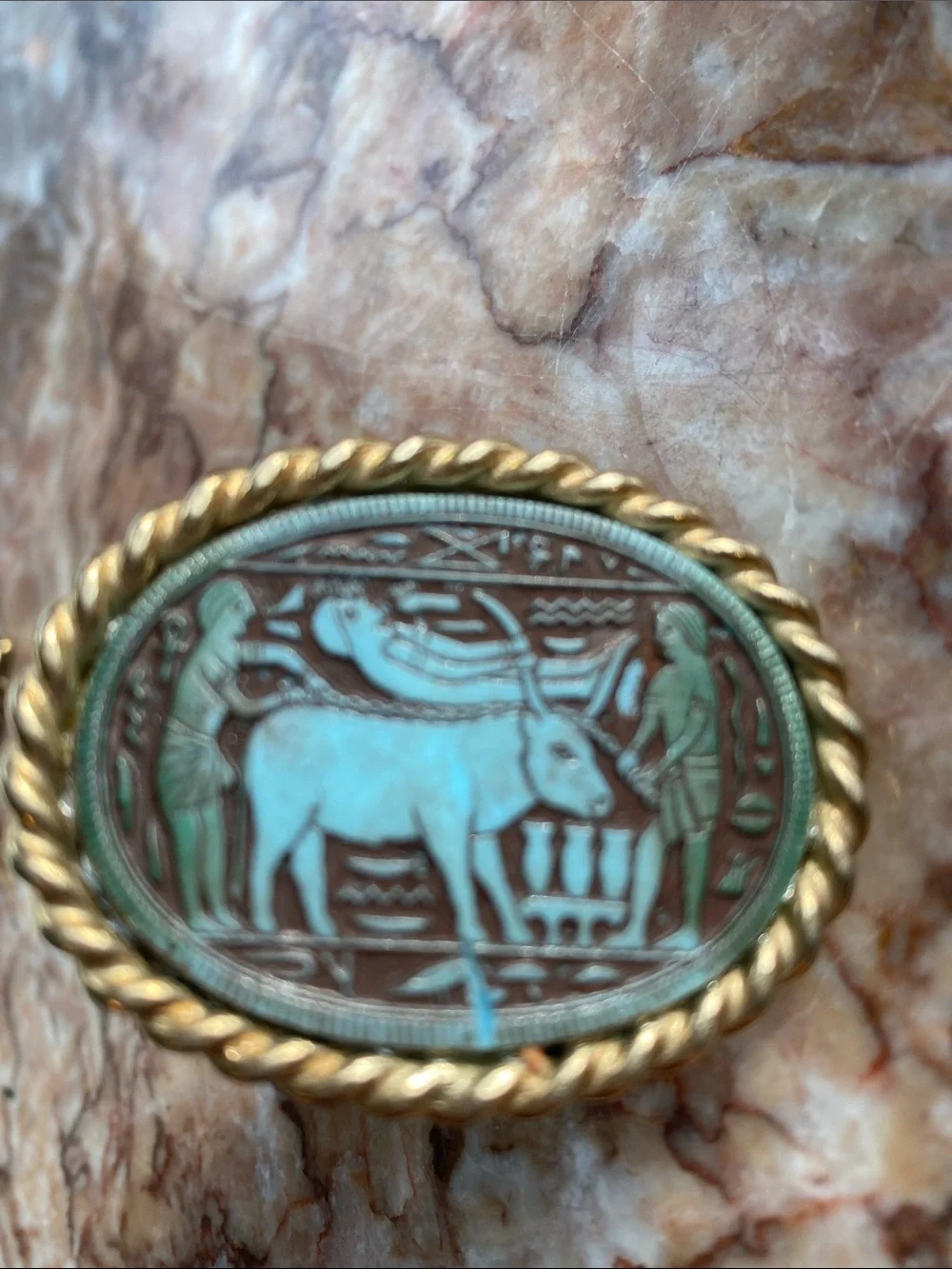 Vintage Egyptian Revival Cuff Links Gold Toned Sacred Bull Hieroglyphic Design